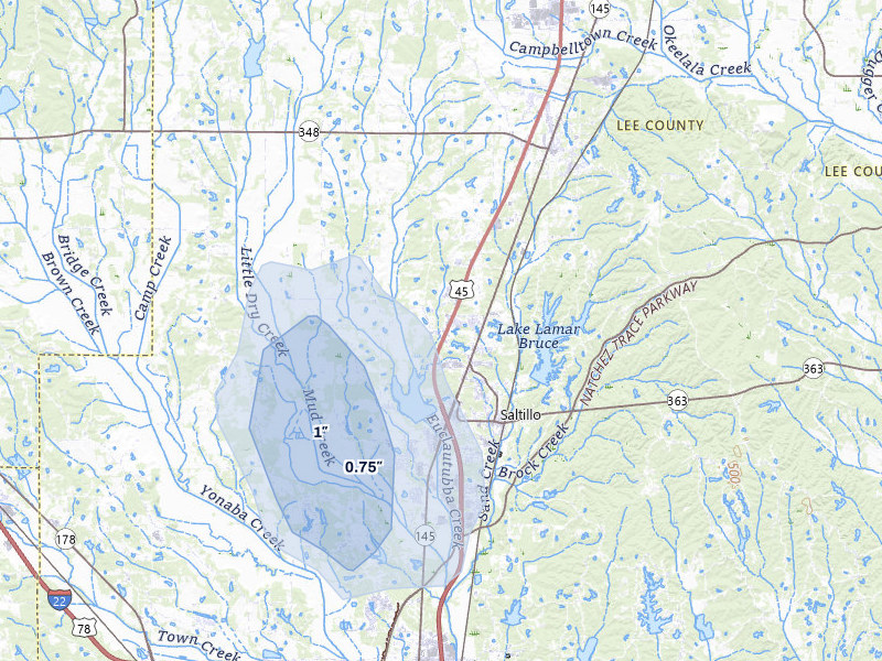 NEXRAD radar-signature map of the hail storm over Saltillo, MS on Jul 3, 2026