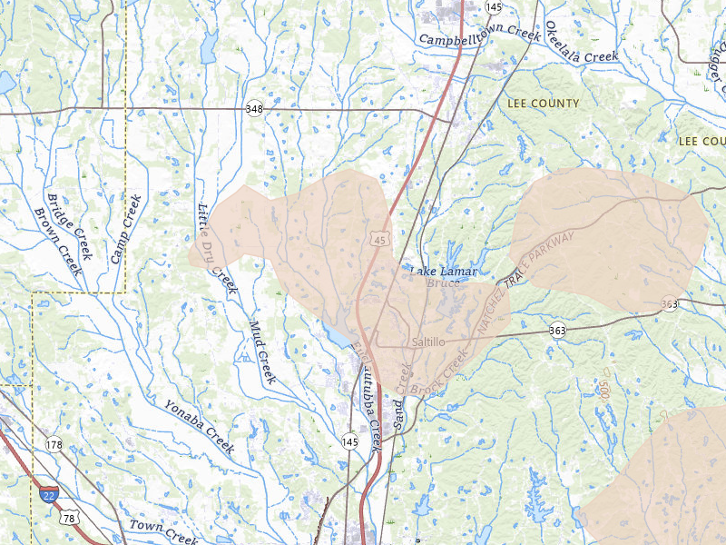 Radar-estimated hail-size map of the storm over Saltillo, MS on Aug 22, 2026