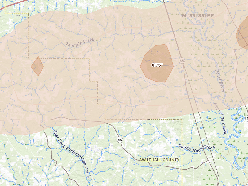 Radar-estimated hail-size map of the storm over Sandy Hook, MS on May 6, 2026