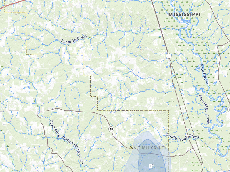 NEXRAD radar-signature map of the hail storm over Sandy Hook, MS on Jul 1, 2026