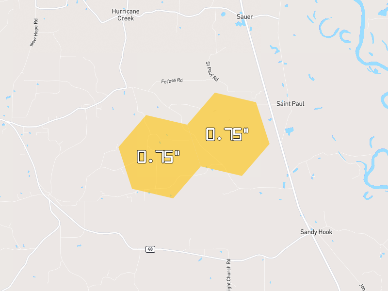 Hail map of Sandy Hook, MS on Jul 5, 2026, hail up to 0.75"