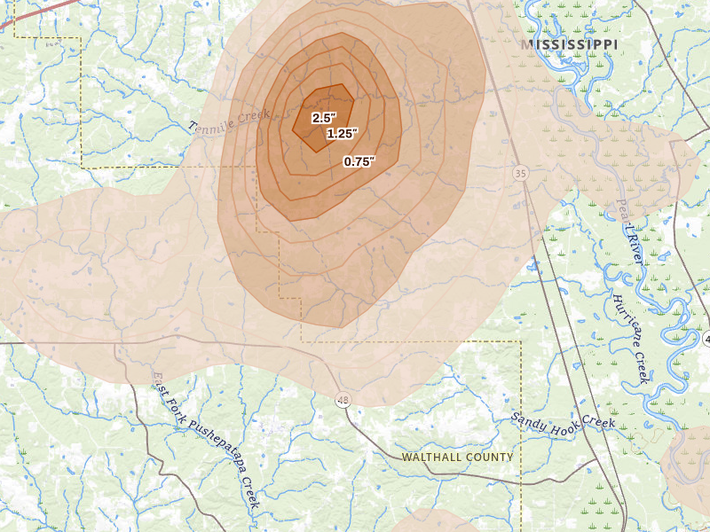 Radar-estimated hail-size map of the storm over Sandy Hook, MS on Aug 21, 2026