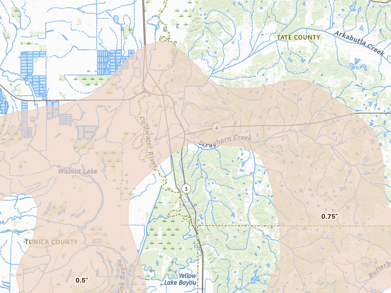 Radar-estimated hail-size map of the storm over Sarah, MS on Aug 20, 2026