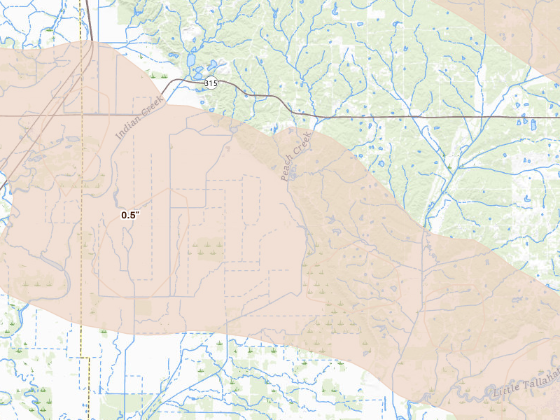 Radar-estimated hail-size map of the storm over Sardis, MS on Feb 26, 2026