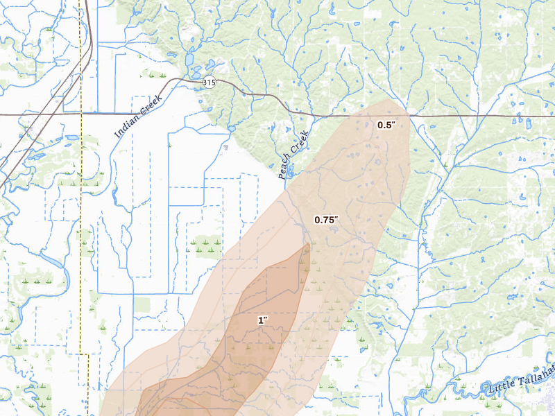 Radar-estimated hail-size map of the storm over Sardis, MS on Mar 6, 2026