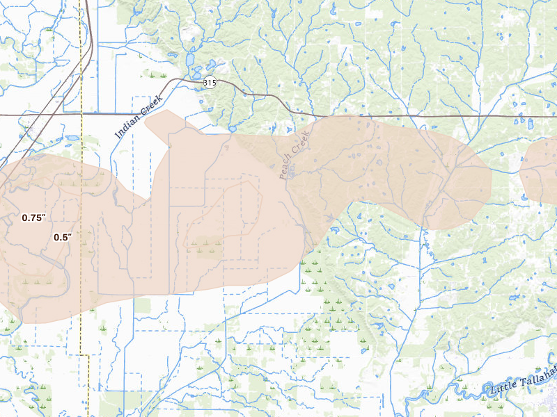 Radar-estimated hail-size map of the storm over Sardis, MS on Apr 28, 2026