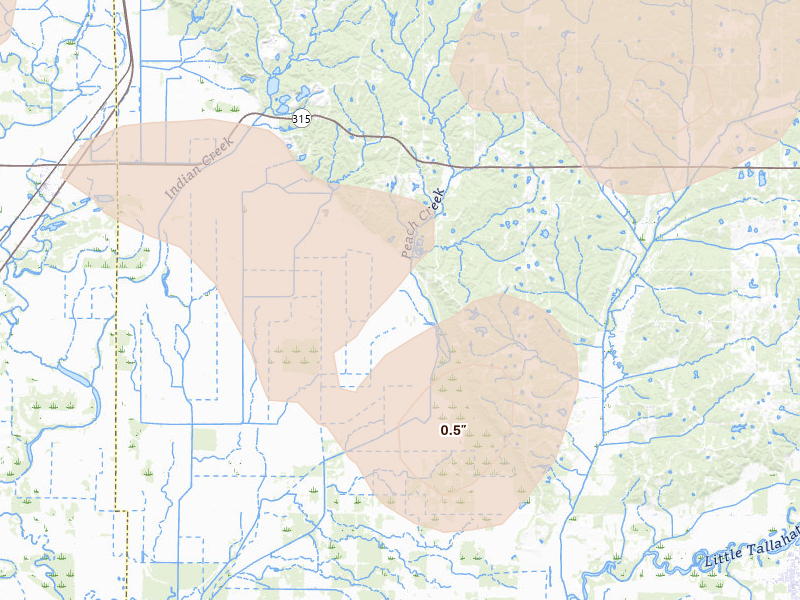 Radar-estimated hail-size map of the storm over Sardis, MS on Aug 20, 2026