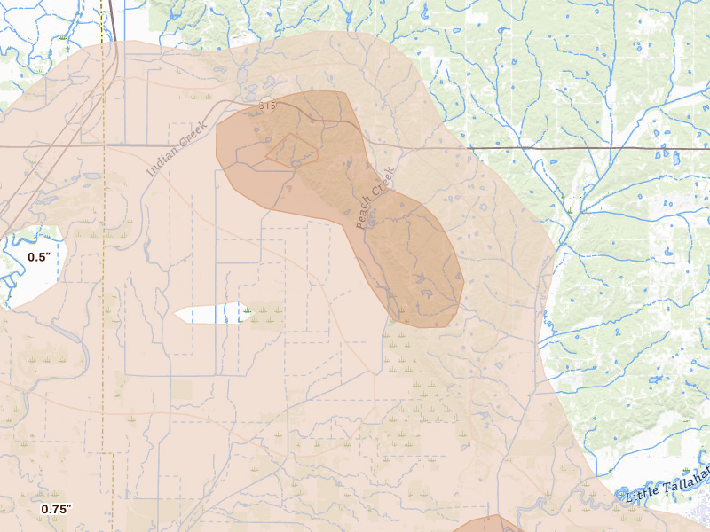 Radar-estimated hail-size map of the storm over Sardis, MS on Aug 22, 2026
