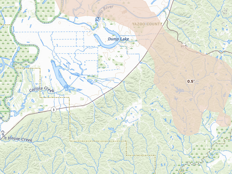 Radar-estimated hail-size map of the storm over Satartia, MS on Jun 22, 2026