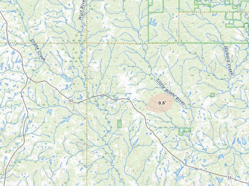 Radar-estimated hail-size map of the storm over Saucier, MS on Apr 26, 2026