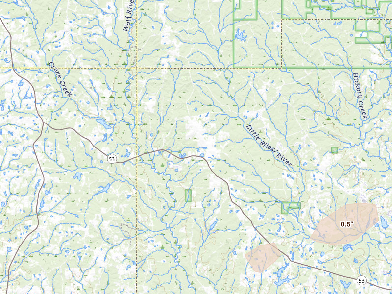 Radar-estimated hail-size map of the storm over Saucier, MS on Jun 15, 2026