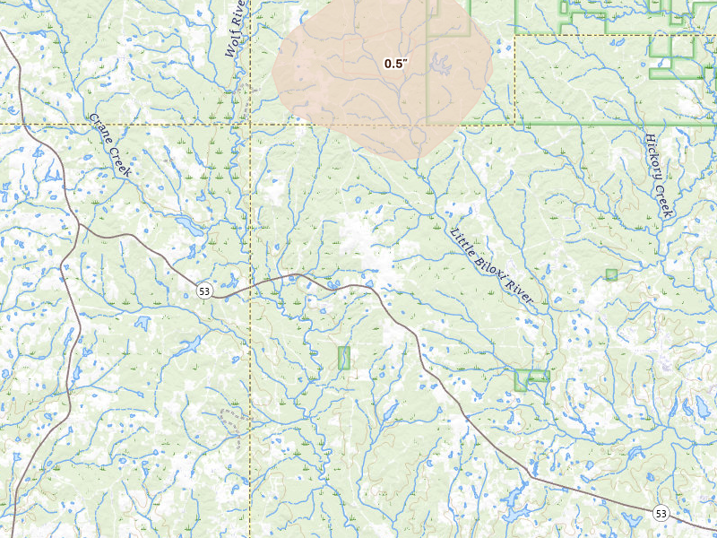 Radar-estimated hail-size map of the storm over Saucier, MS on Jun 24, 2026
