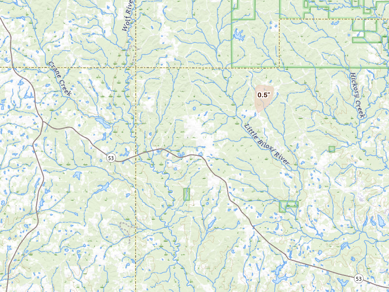 Radar-estimated hail-size map of the storm over Saucier, MS on Jul 10, 2026