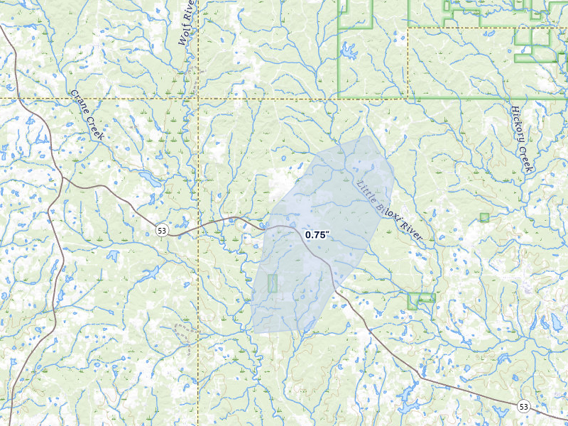 NEXRAD radar-signature map of the hail storm over Saucier, MS on Jul 10, 2026