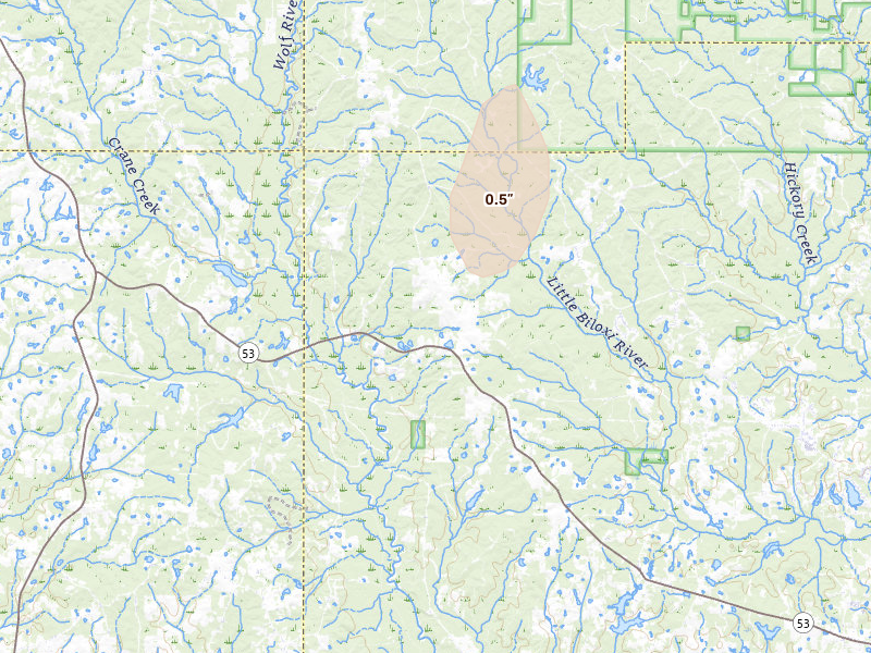 Radar-estimated hail-size map of the storm over Saucier, MS on Aug 7, 2026