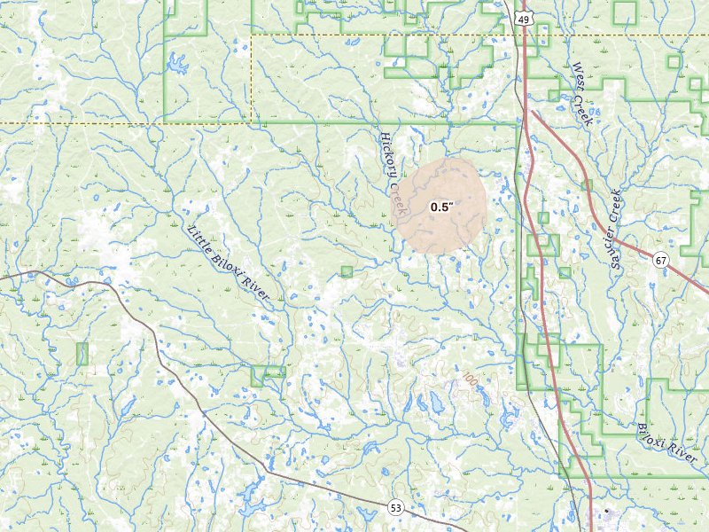 Radar-estimated hail-size map of the storm over Saucier, MS on Aug 16, 2026