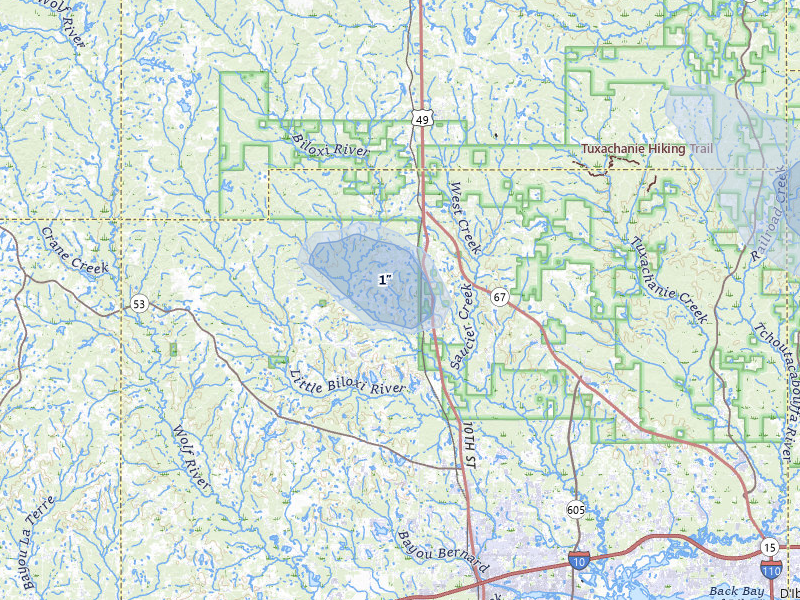 NEXRAD radar-signature map of the hail storm over Saucier, MS on Aug 16, 2026