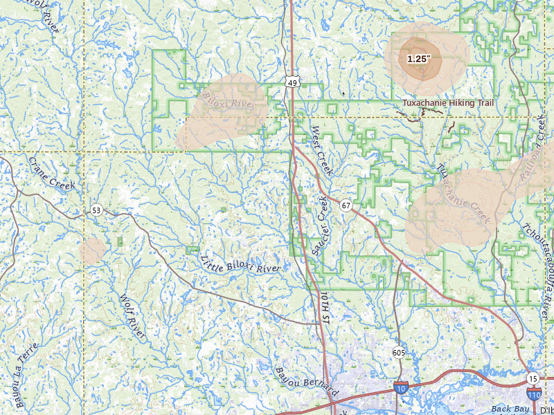 Radar-estimated hail-size map of the storm over Saucier, MS on Aug 17, 2026