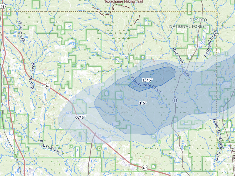 NEXRAD radar-signature map of the hail storm over Saucier, MS on Aug 17, 2026
