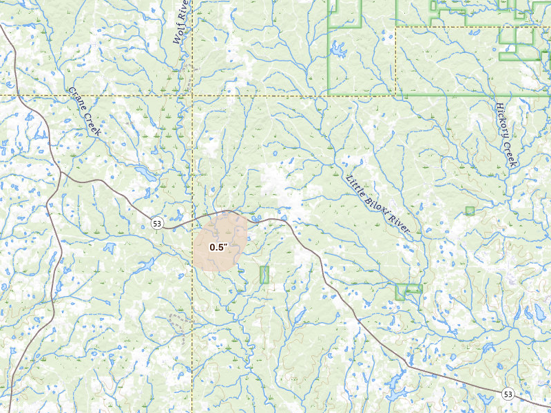Radar-estimated hail-size map of the storm over Saucier, MS on Aug 26, 2026