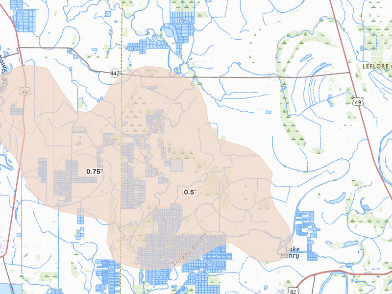 Radar-estimated hail-size map of the storm over Schlater, MS on May 10, 2026