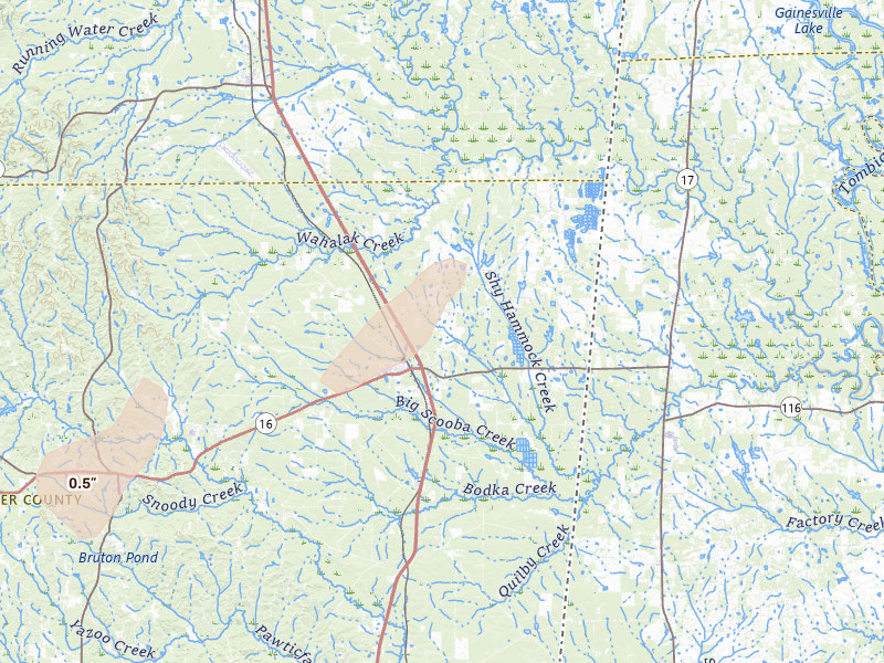 Radar-estimated hail-size map of the storm over Scooba, MS on Apr 24, 2026