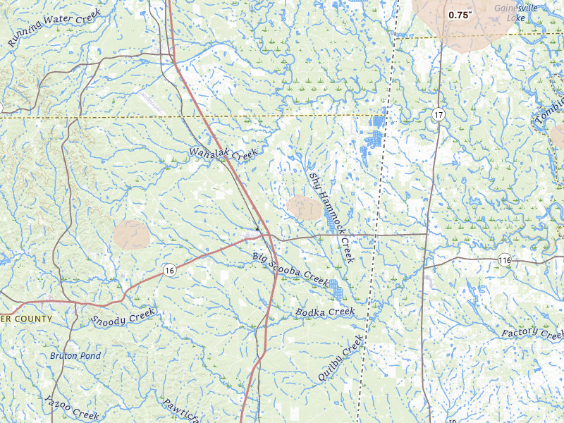 Radar-estimated hail-size map of the storm over Scooba, MS on Jun 1, 2026