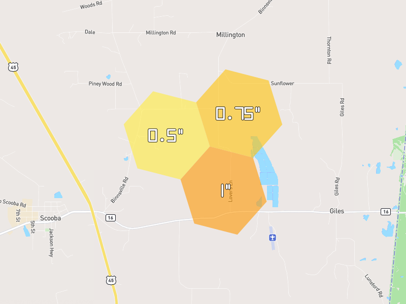 Hail map of Scooba, MS on Jun 1, 2026, hail up to 1"