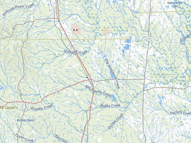 Radar-estimated hail-size map of the storm over Scooba, MS on Jul 3, 2026
