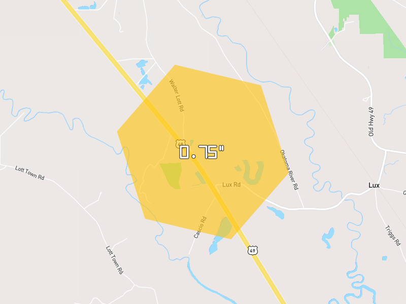 Hail map of Seminary, MS on Jun 1, 2026, hail up to 0.75"