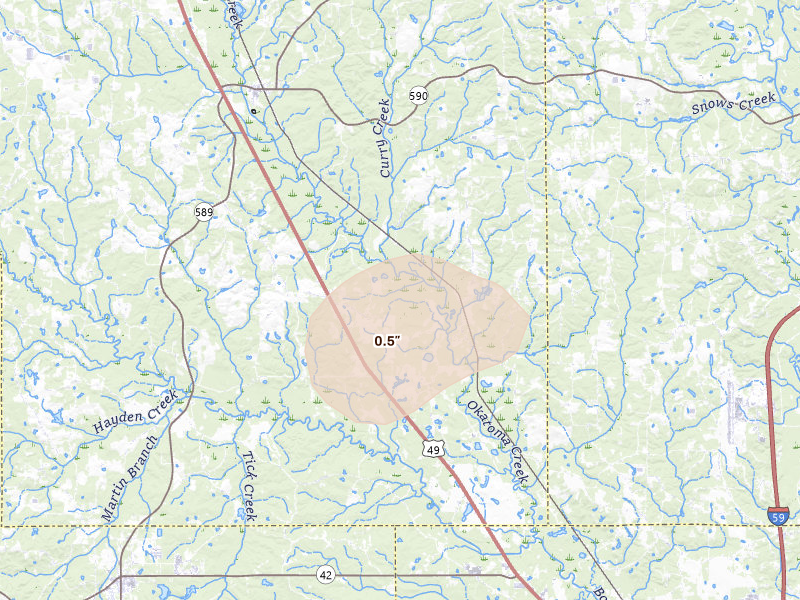 Radar-estimated hail-size map of the storm over Seminary, MS on Jun 2, 2026