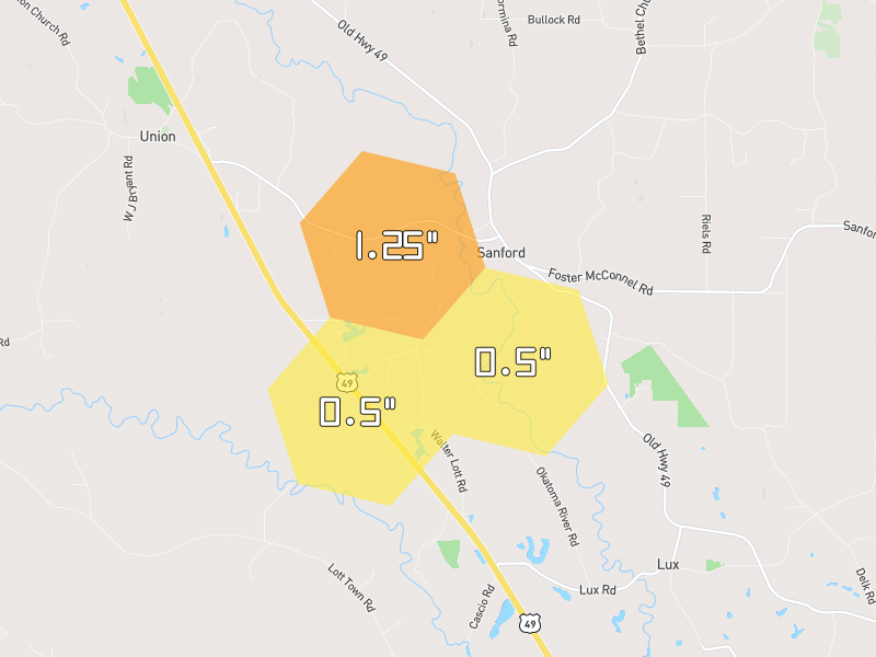 Hail map of Seminary, MS on Jun 3, 2026, hail up to 1.25"