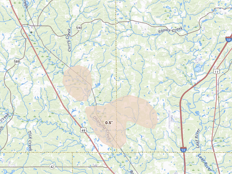Radar-estimated hail-size map of the storm over Seminary, MS on Aug 8, 2026