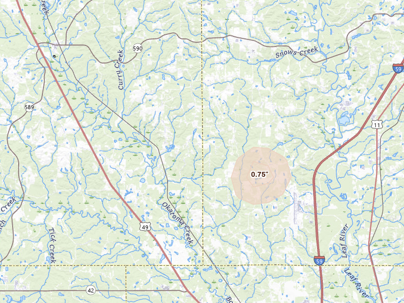 Radar-estimated hail-size map of the storm over Seminary, MS on Aug 18, 2026