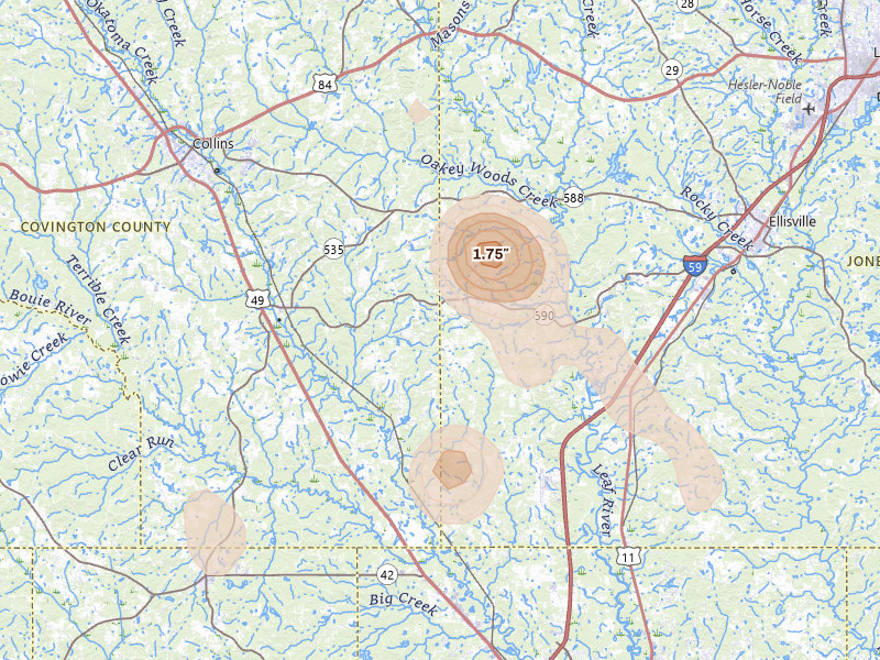 Radar-estimated hail-size map of the storm over Seminary, MS on Aug 21, 2026