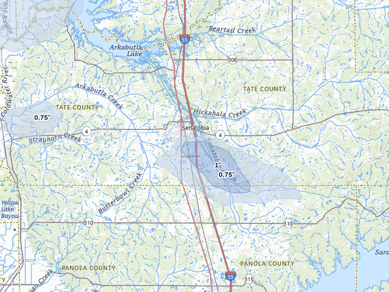 NEXRAD radar-signature map of the hail storm over Senatobia, MS on Aug 17, 2026