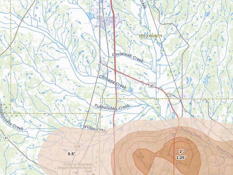 Radar-estimated hail-size map of the storm over Shannon, MS