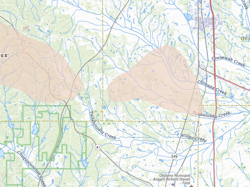 Radar-estimated hail-size map of the storm over Shannon, MS on Aug 26, 2026