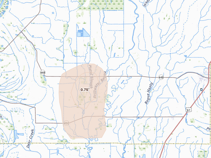 Radar-estimated hail-size map of the storm over Shaw, MS on Jun 1, 2026