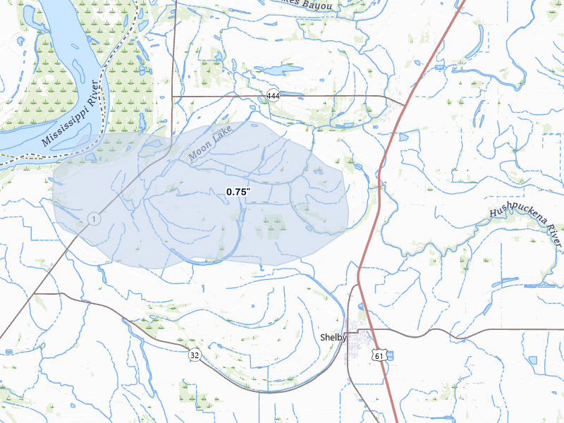 NEXRAD radar-signature map of the hail storm over Shelby, MS on Mar 15, 2026