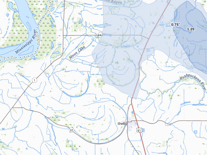 NEXRAD radar-signature map of the hail storm over Shelby, MS on Jul 2, 2026