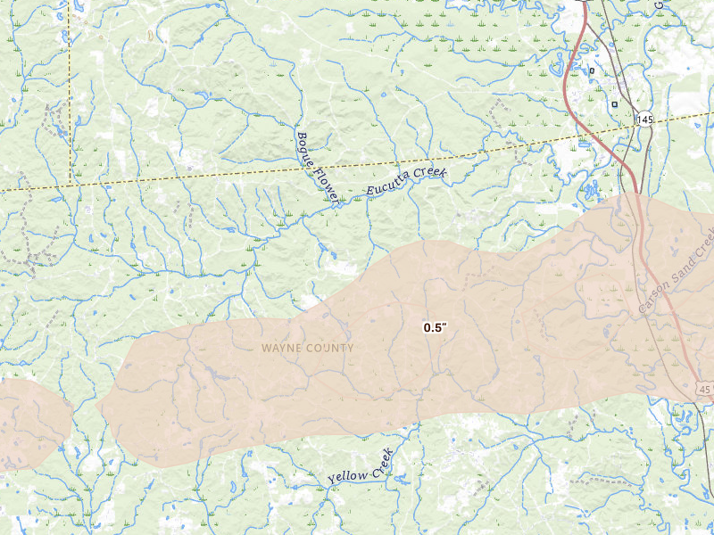 Radar-estimated hail-size map of the storm over Shubuta, MS on May 6, 2026