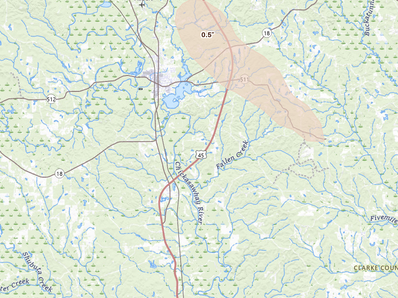 Radar-estimated hail-size map of the storm over Shubuta, MS on Jun 22, 2026