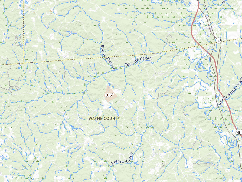 Radar-estimated hail-size map of the storm over Shubuta, MS on Aug 6, 2026