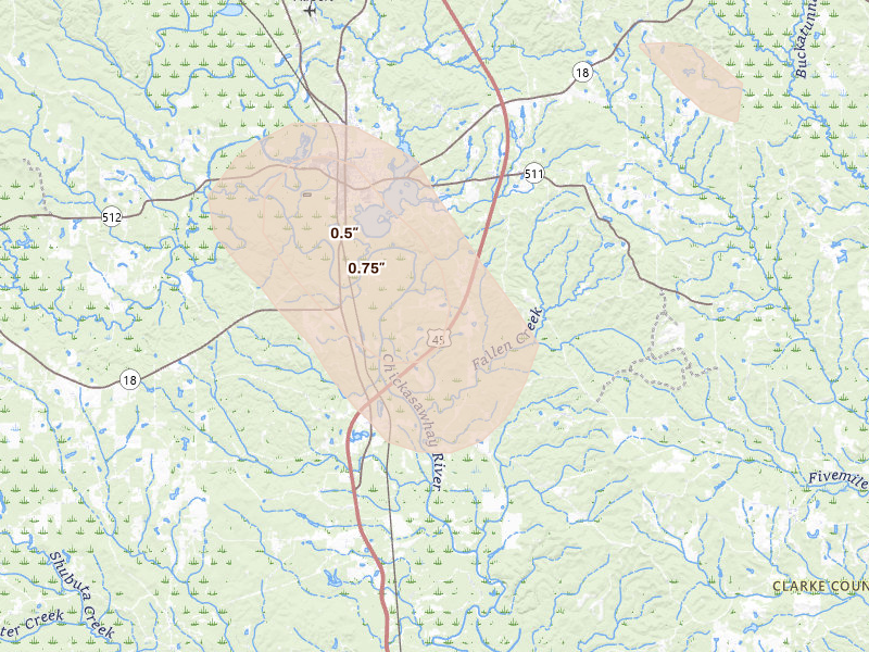 Radar-estimated hail-size map of the storm over Shubuta, MS on Aug 24, 2026