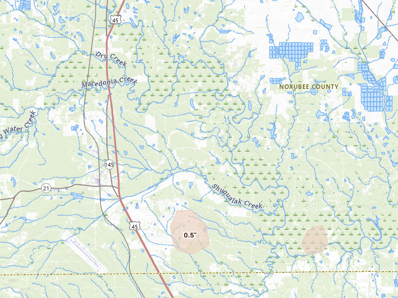 Radar-estimated hail-size map of the storm over Shuqualak, MS on Jul 3, 2026