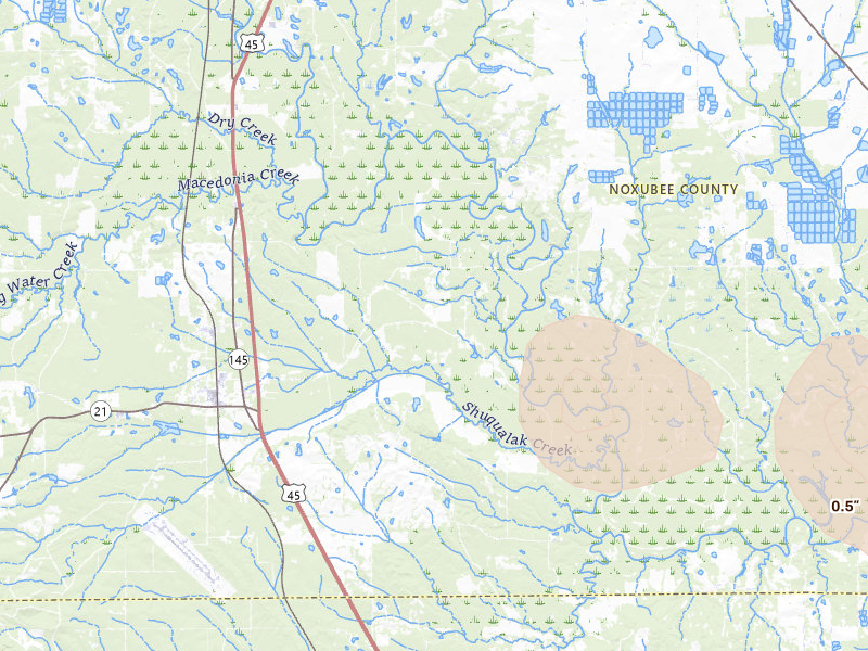 Radar-estimated hail-size map of the storm over Shuqualak, MS on Aug 18, 2026