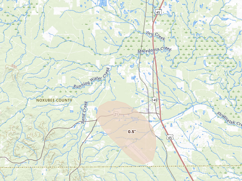 Radar-estimated hail-size map of the storm over Shuqualak, MS on Aug 26, 2026