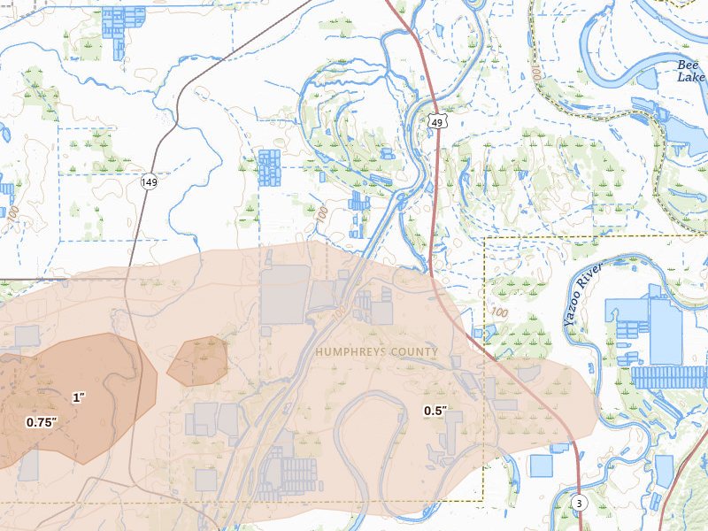 Radar-estimated hail-size map of the storm over Silver City, MS on Jun 22, 2026