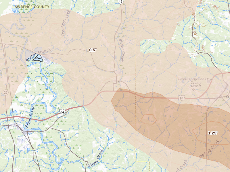 Radar-estimated hail-size map of the storm over Silver Creek, MS on Apr 24, 2026